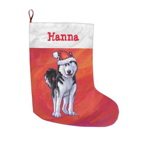 Husky in Santa Hat On Red Large Christmas Stocking