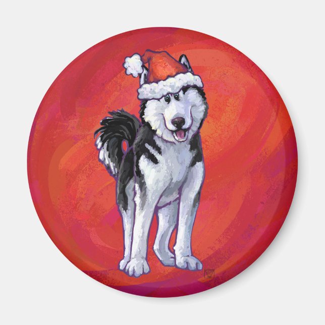 Husky in Santa Hat On Red Magnet (Front)