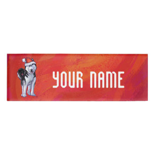 Husky in Santa Hat On Red Name Tag