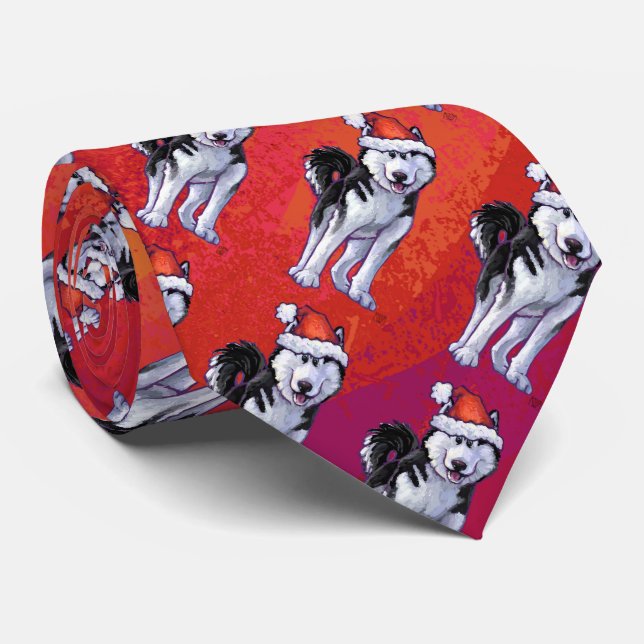 Husky in Santa Hat On Red Neck Tie (Rolled)