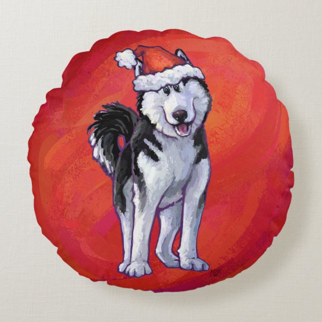 Husky in Santa Hat On Red Round Pillow (Front)