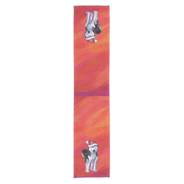 Husky in Santa Hat On Red Short Table Runner (Front)
