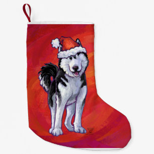 Husky in Santa Hat On Red Small Christmas Stocking