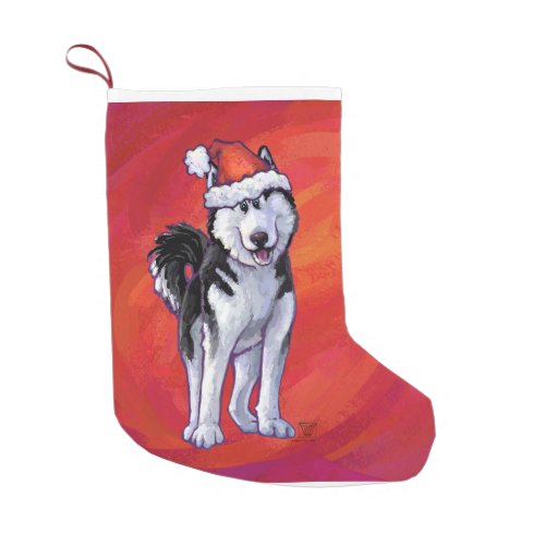 Husky in Santa Hat On Red Small Christmas Stocking