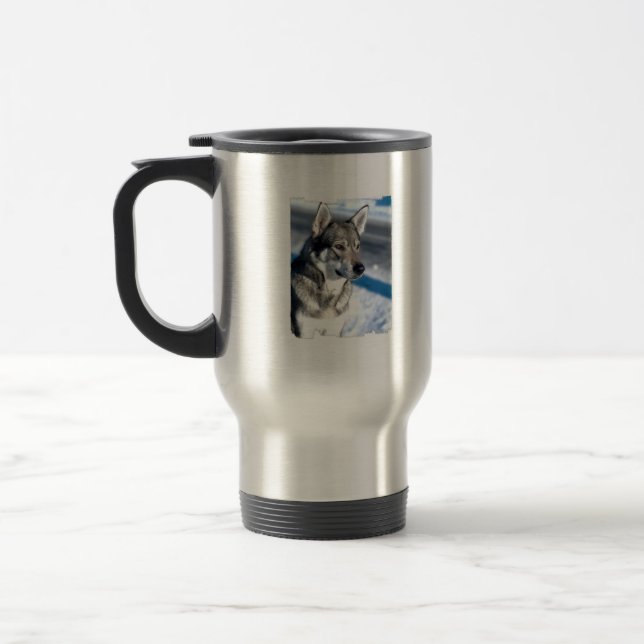 Husky in Snow Travel Mug (Left)