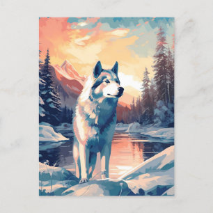 Husky in the snowy forest at a lake during sunset postcard