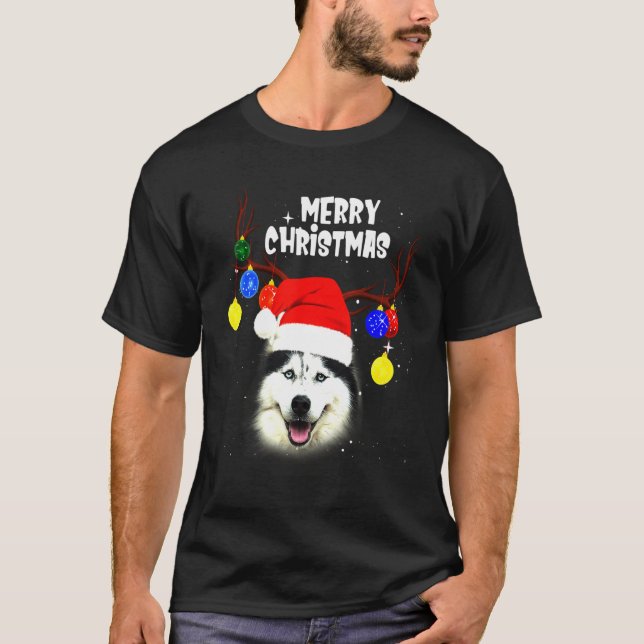 Husky Merry Christmas Dog T-Shirt (Front)