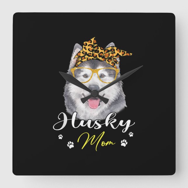 Husky Mom | Leopard Print Dog Lovers Gift Square Wall Clock (Front)