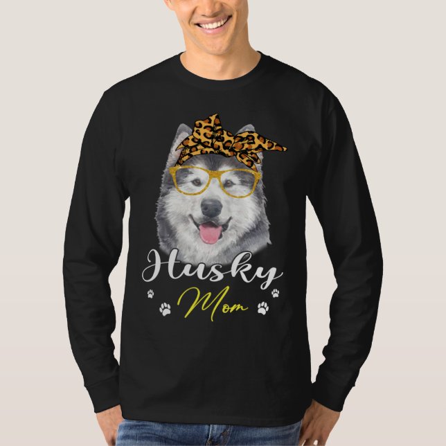 Husky Mom Leopard Print Dog T-Shirt (Front)