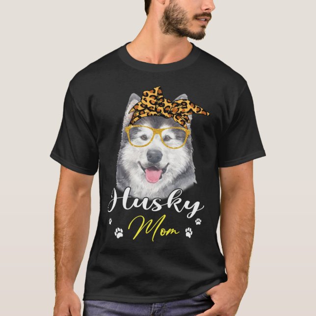 Husky Mom Leopard Print Dog T-Shirt (Front)