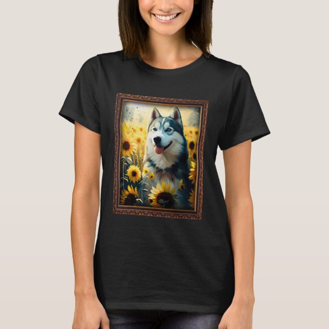 Husky Painting Sunflower Flower Mom Women Floral T-Shirt (Front)