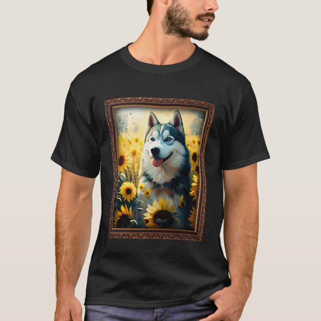 Husky Painting Sunflower Flower Mom Women Floral T-Shirt (Front)