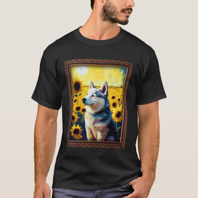 Husky Painting Sunflower Flower Mom Women Floral   T-Shirt (Front)