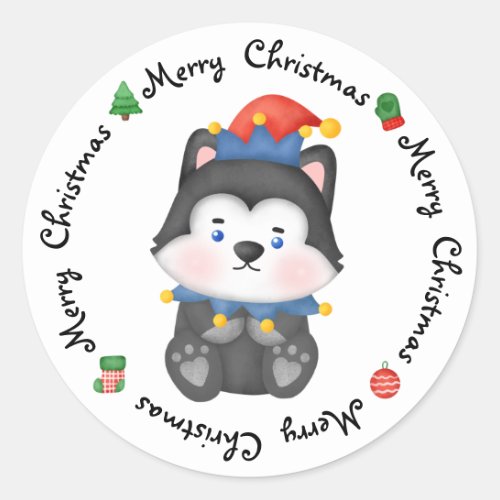  Husky Puppy Dog Cute Elf Festive Merry Christmas Classic Round Sticker