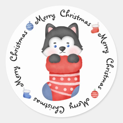  Husky Puppy Dog Cute Festive Merry Christmas Classic Round Sticker