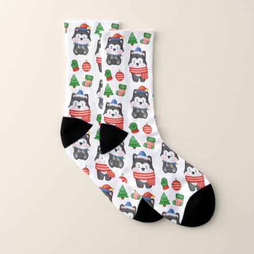 Husky Puppy Dog Festive Santa Holiday Christmas Socks