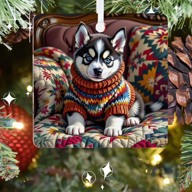 Husky Puppy Dog Personalized Christmas Metal Ornament (Creator Uploaded)
