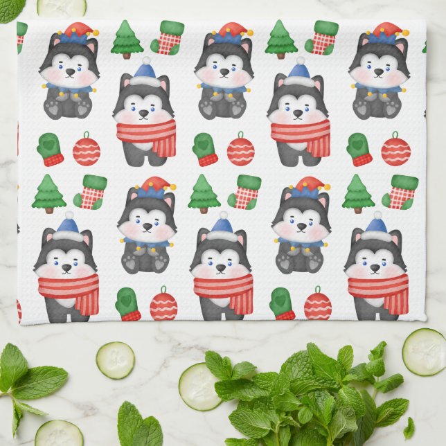 Husky Puppy Dog Santa Festive Holiday Christmas  Kitchen Towel (Folded)
