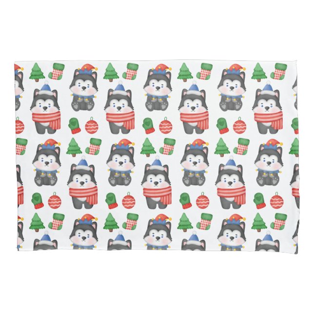 Husky Puppy Dog Santa Festive Holiday Christmas  Pillow Case (Front)
