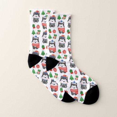 Husky Puppy Dog Santa Festive Holiday Christmas  Socks