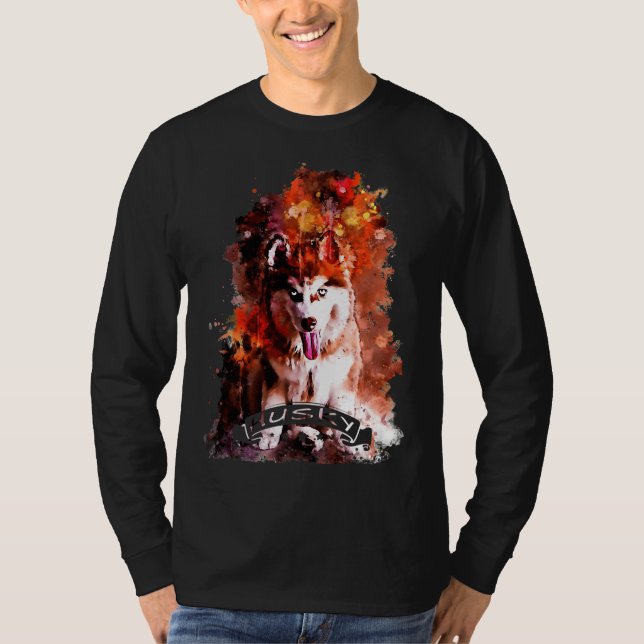 Husky Puppy Dog Watercolor Splatters T-Shirt (Front)