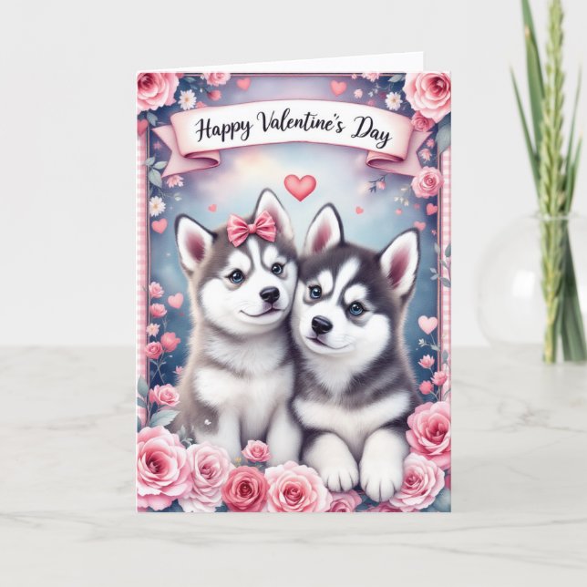 Husky Puppy Dogs Valentine's Day Greeting Card (Front)
