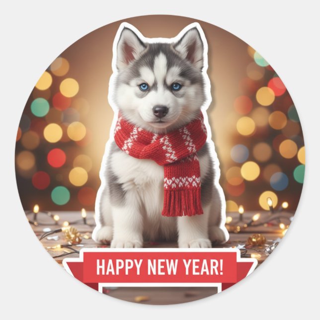 Husky Puppy Festive Scarf Sticker (Front)