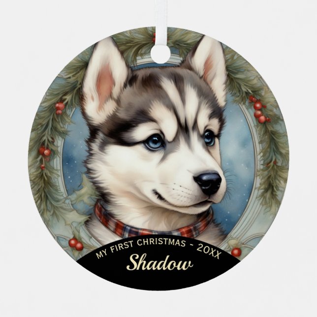 Husky Puppy First Christmas Metal Ornament (Front)