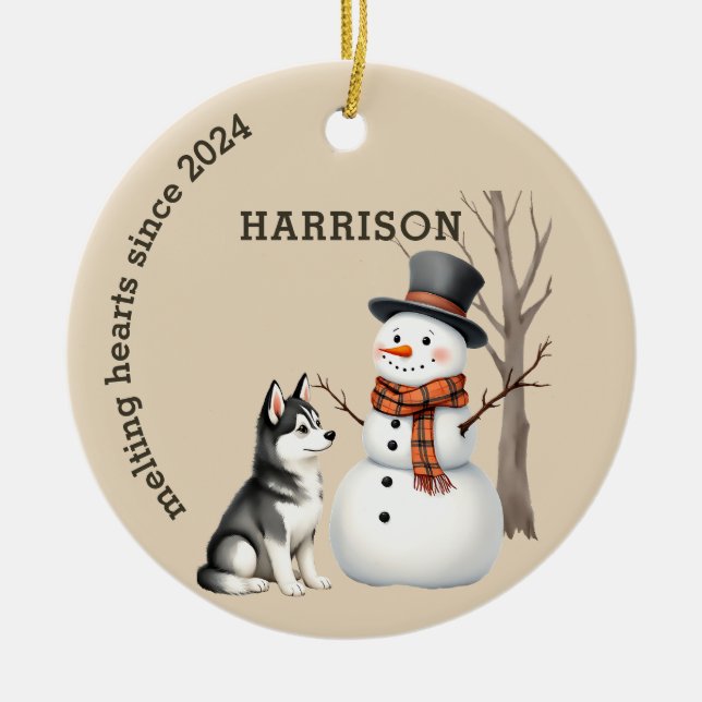 Husky Puppy Heart melting Custom Keepsake Ceramic Ornament (Front)