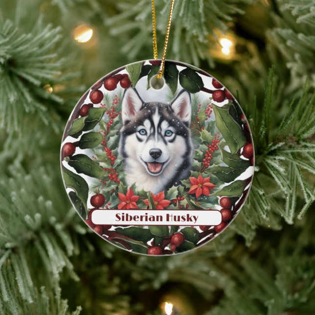 Husky Puppy Holiday Custom Christmas  Ceramic Ornament (Tree)