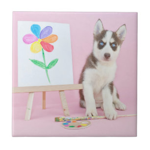 Husky Puppy Painting a Rainbow Flower Ceramic Tile