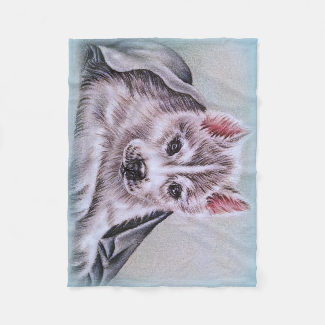 husky puppy pet portrait drawing dog art gift fleece blanket (Front)