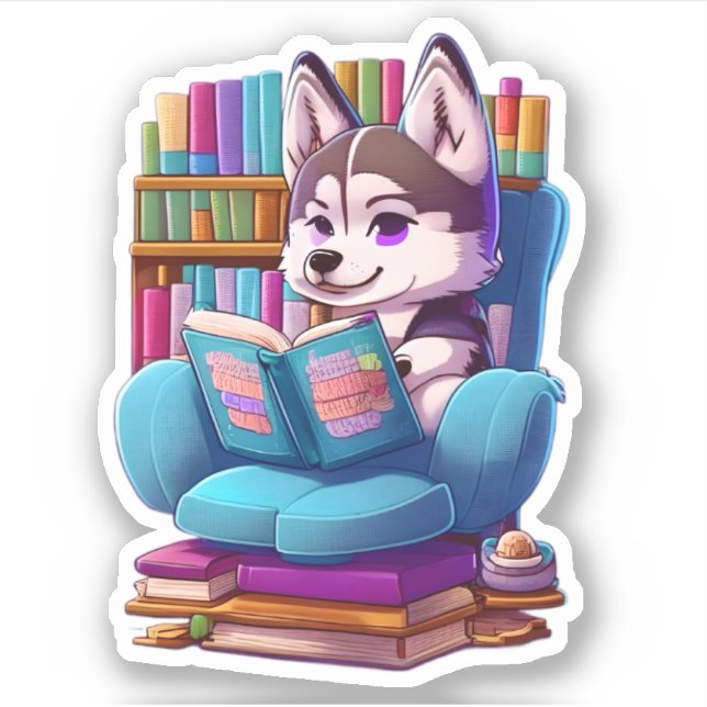Husky puppy reading a book sticker (Front)