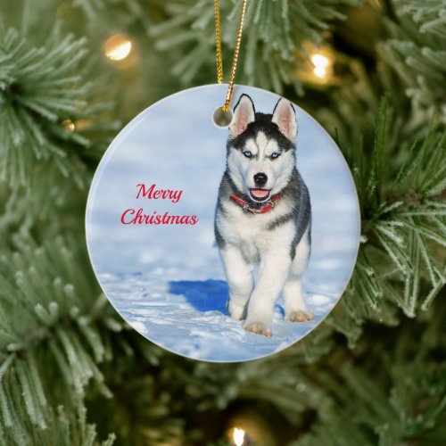 Husky Puppy Snow Photo Christmas Ceramic Ornament