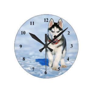 Dog Clock Husky Pups Glass Desk or Wall Clock 17cm 