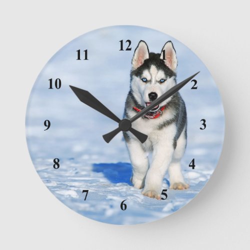 Husky Puppy Snow Photo Round Clock