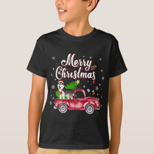 Husky Retriever Rides Red Truck Christmas Pajama T_Shirt