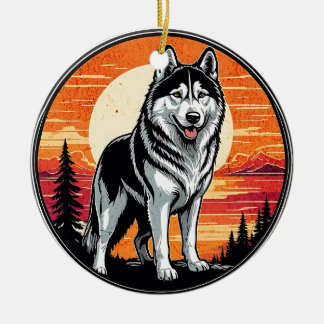 Husky Retro Sunset Dog Lover Ceramic Ornament