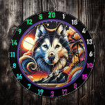 Husky Ridge Mountain Vibe Decor Dart Board<br><div class="desc">Upgrade your man cave or game room with the Husky Ridge Mountain Vibe Decor. Featuring a stunning husky against radiant mountain peaks and a glowing sun, this piece brings the untamed wilderness into your space. The bold colors and intricate design create an adventurous atmosphere, perfect for entertaining guests or enjoying...</div>