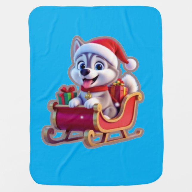 Husky Riding Santa’s Sleigh – Cute 3D Christmas Ca Baby Blanket (Front)