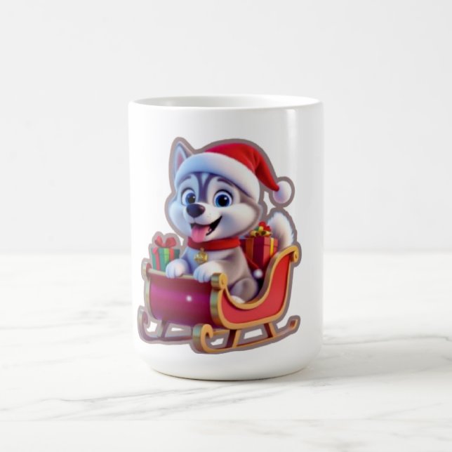 Husky Riding Santa’s Sleigh – Cute 3D Christmas Ca Coffee Mug (Center)