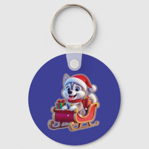 Husky Riding Santa’s Sleigh – Cute 3D Christmas Ca Keychain