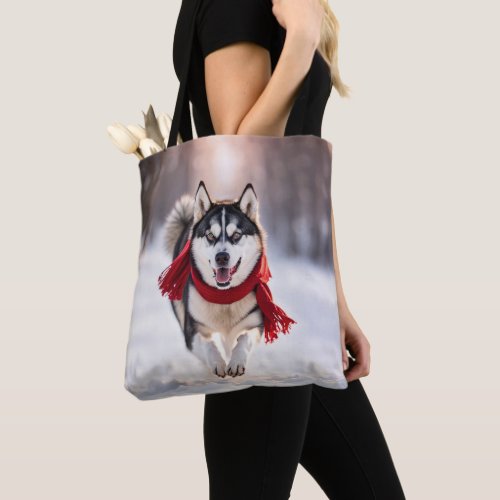 Husky Running Wearing A Red Scarf Tote Bag