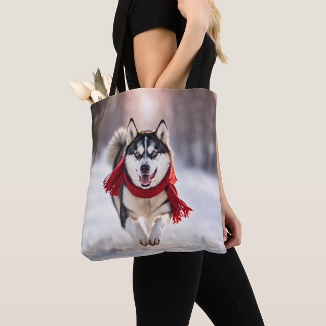 Husky Running Wearing A Red Scarf Tote Bag (Close Up)