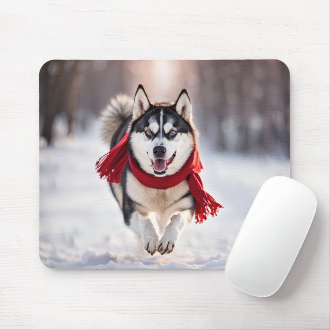 Husky Running With Red Scarf Mouse Pad (With Mouse)
