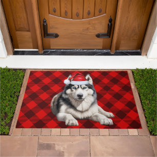 Husky Santa Dog Red Buffalo Plaid Holiday Doormat