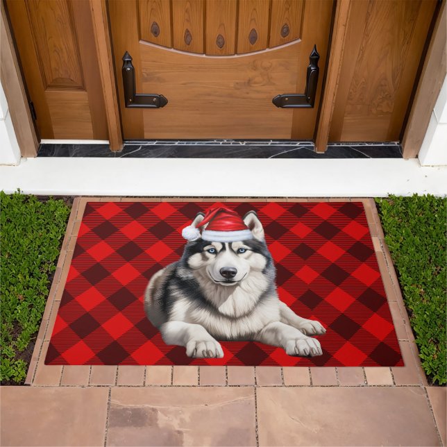 Husky Santa Dog Red Buffalo Plaid Holiday Doormat (Outdoor)