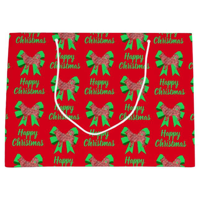 Husky Siberian Christmas Dog & Green Bow Large Gift Bag (Front)