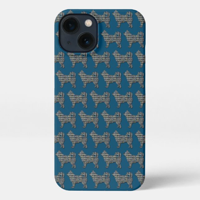 Husky Siberian Cute Dog Silhouette Grid Blue iPhone Case (Back)