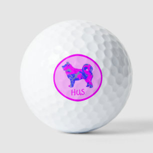 Husky Siberian Cute Pink Dog Silhouette Monogram Golf Balls